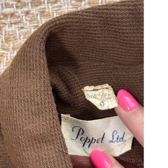 Vintage Poppet Ltd Brown Cream Diamond Print Mock Neck Mod Shift Mini Dress Sz 9 - Picture 7 of 8